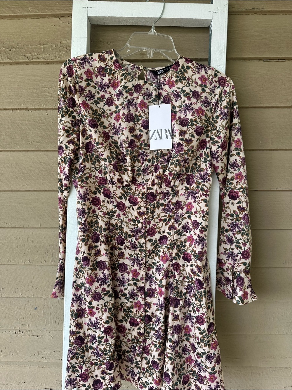 ZARA Cream Floral Long-Sleeve Mini Dress with Purple Print